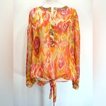 Chico's Chico’s Summer Ikat in Watermelon Fizz Sheer Knot Front Top Sequins & Buttons Photo 2