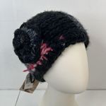 Crochet Hand Knit Headwrap Flower Accent Knit Black Pink Button Close Adjustable Photo 1