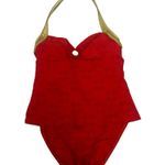 St. John Swim Red One Piece swimsuit Gold Trim Halter Size 6 SJ Logo resort Photo 2