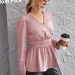 None Boho V-neck Blouse Long Sleeve Peplum Top pink puff sleeve women’s med and L Photo 4