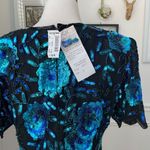 Laurence Kazar NWT NOS  Beaded Sequin Short Sleeve Silk Top Blue Black L Photo 2