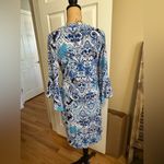 Olivia Matthews Blue & White Paisley Print Dress | Bell Sleeves | Classic Shift Photo 3
