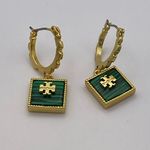 Tory Burch  huggie hoops with square drops, malachite with double T overlay. Photo 2