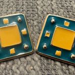 80’s Vintage Teal and Yellow Square Earrings Blue Photo 0