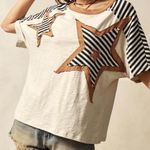 Oversized Striped Star Colorblock Patchwork Boho Top 100% Cotton White Photo 3