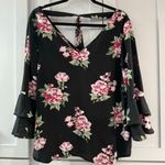 Seven Sisters Black with Pink Rose Semi-Sheer V-Neck Low V Back with Tie Blouse Photo 0