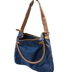 Blue Canvas Crossbody Bag with Tan Faux Leather Trim‎ Shoulder Handbag Photo 3