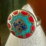 Turquoise & Coral Inlay Brass Adjustable Ring Blue Photo 2