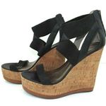 Moda PELLE 5" Black Leather Cork Wedges Zipper Heels Stretch Ankle Straps 10 M Photo 0