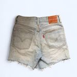 Classic Y2K Levi 501 Button Fly Ripped Distressed High Rise Mom Denim Jean Shorts Raw Frayed Hem Measurement in pics Blue Size 26 Photo 3