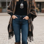 Geometric Patterned Poncho with Fringe Size XL Photo 0