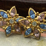 1960s Vintage Floral Crystal Earrings Gold Tone Blue Pink Holiday Retro Glam Photo 0