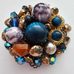 Large Blue Striped Brown Purple Faux Pearl Bead Gold Tone Metal Brooch Photo 1