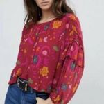 Free People Size Large Wildflower Honey Top Red Berry Stretch Nylon Floral Photo 0