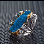 Unique Silver Color Ginkgo Leaf Rings Personality Blue turquoise Stone Photo 2