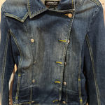 London Jean Double Breasted Denim Jacket Blue Yellow Stitching Women's XS Photo 0
