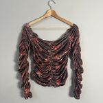 Free People  Reina Floral Velvet Off the Shoulder Top Women's Small Brown Ruched Photo 4