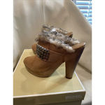 Michael Kors MMK 9M Khaki Suede Collette Faux Fur Stud Buckle Mules Clogs Photo 3