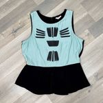 Bar III  Vintage Tribal Pattern Mixed Media Peplum Hem Sleeveless Top Teal Black Photo 11