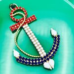 Vintage 70s Huge Nautical Anchor Patriotic Red White Blue Rhinestone Pendant Photo 5