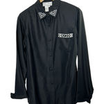 Diane Gilman Y2K  100% Silk Black Button-Up Long Sleeve Shirt Bead Detailing Sz M Photo 0