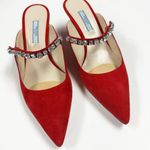 Prada Heels Womens 37.5- US 7.5 Red Suede Mules Jeweled Strap Kitten Heel Photo 3
