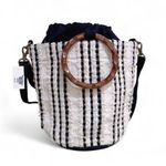 World Market Black Tan Stripe Bucket Bag with Ring Wood Handles Photo 0