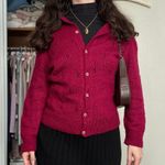 Handmade Gorgeous Knit Berry Red Wool Cardigan Pointelle Fits like Medium Photo 1