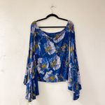 Free People  90’s Bell Sleeve Birds of Paradise Top in Blue Small Photo 3