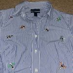 J.Crew Perfect Pinstripe Button Up Bee Insect Embellishment Jewels Blue White 0 Photo 4