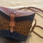 Woven Blue & Brown Crossbody Bucket Bag Leather Patterned Top Closure Straps Photo 0