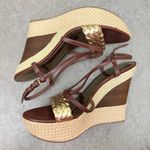 Audrey Brooke  9.5 Shakes Brown Gold Weave Espadrille Platform Wedge Sandals Photo 3