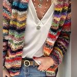 NWT Noracora Knit Rainbow Strip Open Front Cardigan Sweater with Pockets Red Size M Photo 0