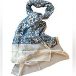 Blue Cream Paisley Damask 100% SILK Handmade Sheer Rectangular Scarf 70X19” Photo 0