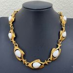 Trifari  Signed School Of Fish Goldtone Milk Glass Fish Link Statement Necklace Photo 1