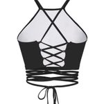 Black with Colorful Pineapple Pattern Strapped Halter Top with Lace up Back Photo 3