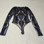 Free People  Pick A Place Bodysuit Long Sleeve Sz XS Midnight Combo Blue Pattern Photo 9