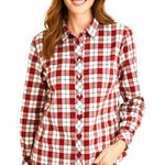 Talbots  Plaid Metallic Button up Shirt Blouse Top Red White Black Cotton Size L Photo 0