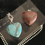 New Handcrafted 2 Jasper, Howlite Heart Shaped Stone Pendants with Silver Chain Blue Photo 5