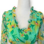 Vintage 70s Green Floral Chiffon Maxi Dress Ruffle Neckline Sheer Sleeves Flowy Photo 7