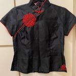 Silver Dragon Medium Black & Red Traditional Oriental Collared Zip Up Blouse Photo 0