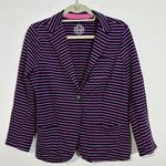 SO  Women's Jr Sz L Navy Pink Striped Button Front collared blazer pockets Photo 1