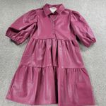 Karlie Womens Faux Leather Dress S Red Puff Sleeve Tiered Button Front Collared Photo 7