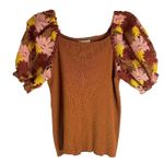 Cato  Sweater Top Women's Sz L Brown with embroidered Crochet Flower Sleeves Boho Photo 0
