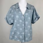 ZARA  Blue Palm Tree Print Button Down Short Sleeve Collared Blouse Shirt Top M Photo 0