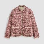 Woven Ditsy Floral Oversized Puffer Jacket boho garden party whimsical Pink Photo 1
