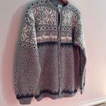 Vintage Fairisle Gray Navy Wool Cardigan Sweater Womens Deer Nordic Cabincore Size L Photo 10