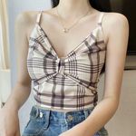 Kawaii Neutral Beige Plaid Bow Cami Summer Crop Tank Top Tan Size XS Photo 0