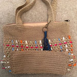 The Sak Y2K 90s Knit Crochet w/ Woven Ribbons Tan & Rainbow Purse. Photo 3
