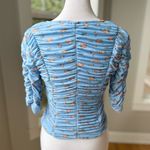 ZARA Baby Blue Pink Floral Mesh Rusched V Neck Elbow Sleeve Top Size Small Photo 3